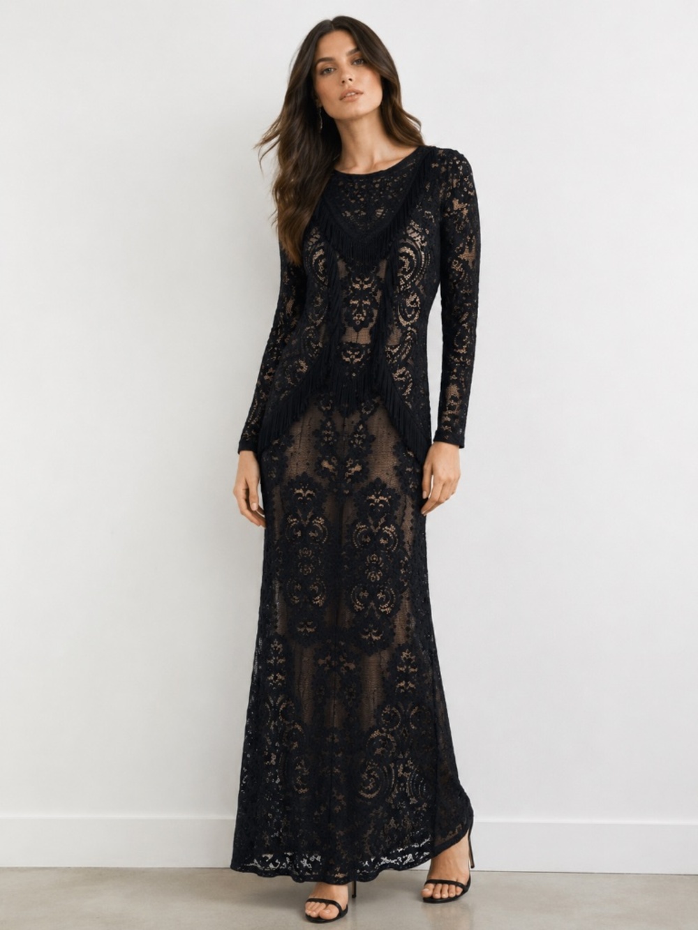 BCBGMAXAZRIA LACE FRINGE FULL LENGTH DRESS